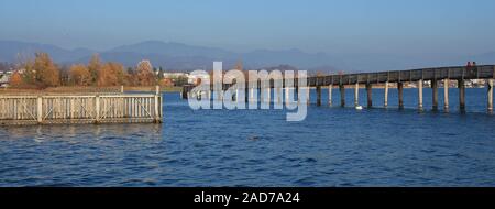 Il Boardwalk, blue lago Obersee e alberi d'oro. Autunno in scena a Rapperswil, Svizzera Foto Stock