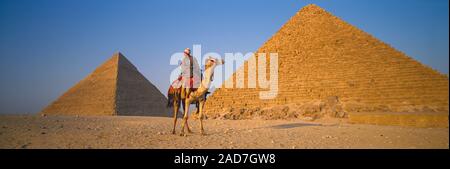 Persona che guida il cammello di fronte della Grande Piramide di Giza in Giza, Egitto Foto Stock