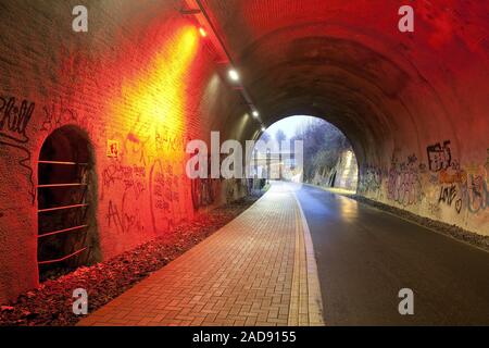 Tunnel, Dorrenberg Tanztunnel, ex binario, ora il percorso del ciclo di sera, Wuppertal, Germania Foto Stock