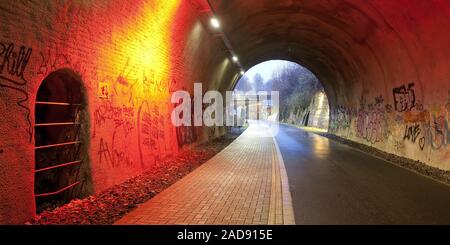 Tunnel, Dorrenberg Tanztunnel, ex binario, ora il percorso del ciclo di sera, Wuppertal, Germania Foto Stock