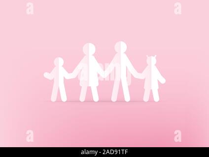 Carta famiglia tenendo le mani su sfondo rosa. Happy family concept. Illustrazione Vettoriale