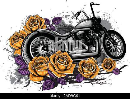 Vector illustation vintage moto chopper e rose poster Illustrazione Vettoriale