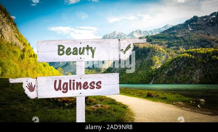 Strada segno bellezza contro bruttezza Foto Stock