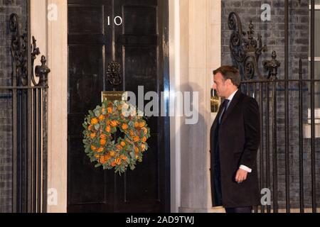 Londra, Regno Unito. Il 3 dicembre 2019. Nella foto: Emmanuel Macron - Presidente della Francia. Boris Johnson, Primo Ministro del Regno Unito ospita una reception con leader stranieri in anticipo della NATO (Organizzazione del Trattato del Nord Atlantico) riunione il 4 dicembre. Credito: Colin Fisher/Alamy Live News. Foto Stock