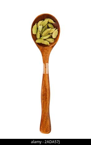 Asciugare i semi di finocchio in un cucchiaio di legno isolato su uno sfondo bianco. Condimento su isolare. Vista da sopra. Close-up. Foto Stock