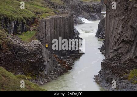 Valley Studlagil con colonne di basalto e glacier river Jorkulsa un Bru, Est Islanda Islanda Foto Stock