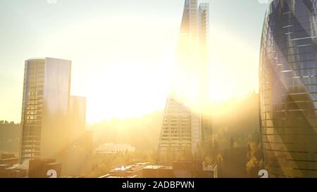 Città skyscrapes con lente flairs al tramonto Foto Stock