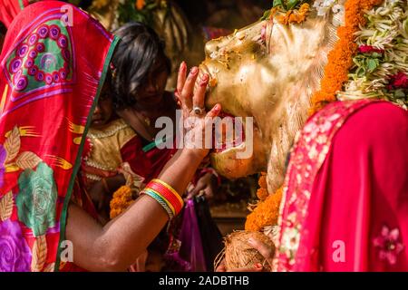 Le donne, pregando in una golden lion statua, prendendo parte alla cerimonia Khoich all'interno della Ram Mandir Al Maha Astmi, il giorno principale del festival Darsain Foto Stock