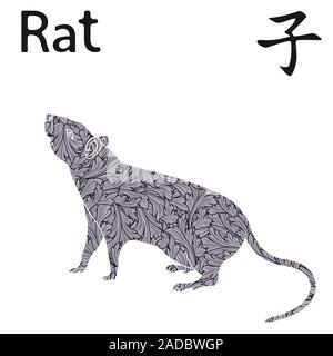 Il cinese segno zodiacale di ratto, elemento fisso acqua, simbolo del nuovo anno sul calendario Orientale, disegnato a mano stencil vettore con foglie monocromatica isolati su Illustrazione Vettoriale