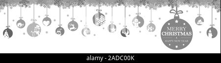 Appendere baubles di colore grigio con diverse icone astratte per natale e Inverno tempo concetti, fiocchi di neve sul lato superiore e auguri per il natale Illustrazione Vettoriale