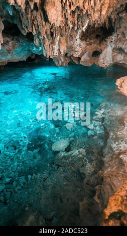 Cristalline acque blu del rainbow cenote. Chikin Ha parco. Messico Foto Stock