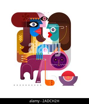 Fidanzate stanno parlando e coccolare un gatto. Due donne sono in piedi faccia a faccia e guardando ogni altro, un gatto è in piedi di fronte a una ciotola di cibo. M Illustrazione Vettoriale