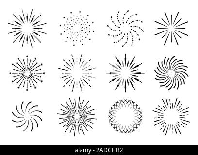 Raggiera, fuochi d'artificio icona shadow vettore. Irradia dal centro di dritto e travi a spirale, linee. Illustrazione Vettoriale