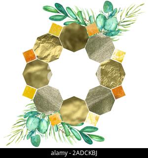 Isolato su sfondo bianco e decorate con abete rami ed altre foglie verdi ghirlanda dorata con spazio di copia Foto Stock