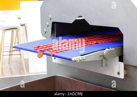 Sul trasportatore automatico di produzione industriale sono le salsicce. Industria della carne. Linee di produzione automatizzate per la formazione di cotolette. Il convogliatore equi Foto Stock