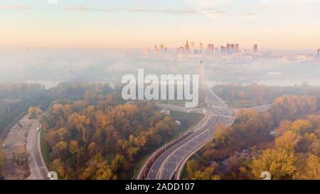 Centro di Varsavia all'alba vista aerea Foto Stock