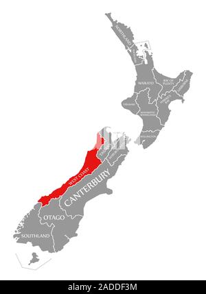 West Coast evidenziata in rosso nella mappa di Nuova Zelanda Foto Stock