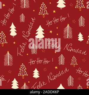 Feliz Navidad e Hoho scritte a mano e gli alberi di Natale vettore seamless pattern. Sfondo di ripetizione i saluti delle vacanze su uno sfondo di colore rosso. Utilizzare per Illustrazione Vettoriale