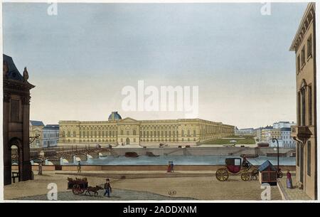 Vue du Louvre et du Pont des Arts de la Rive Gauche - in 'Vues de Paris " par Courvoisier (, 1827 Foto Stock