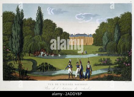 Vue du Palais de l'Elysee-Bourbon (Elysee Borbone) et des jardins. Il rotocalco de Courvoisier ( de 1815-1820 In 'Vues de Paris", 1827. Parigi, Arts Decoratif Foto Stock