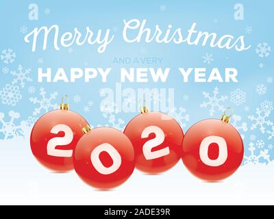 Buon Natale e Felice Anno Nuovo 2020 Greeting Card illustrazione vettoriale con Baubles e fiocchi di neve Illustrazione Vettoriale