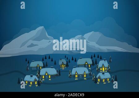 Illustrazione vettoriale della città vecchia di villaggio con la neve sul tetto e iceberg a sfondo nella stagione invernale Illustrazione Vettoriale