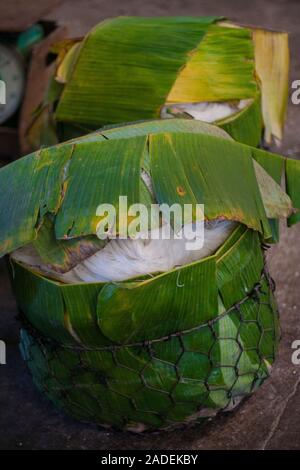 Il vietnamita riso tagliatelle in plam tree contenitori. Shot presi in una piccola azienda di famiglia per la produzione di alimenti per il mercato locale, in ben tre quartieri, Foto Stock