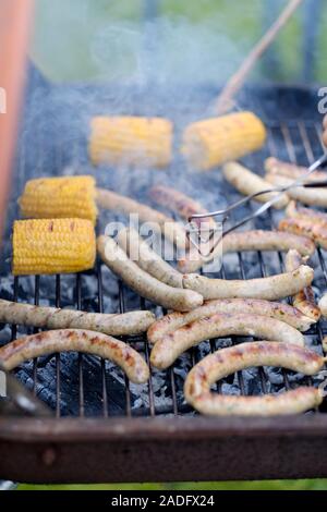 Grigliare salsicce in una teglia su un picnic Foto Stock