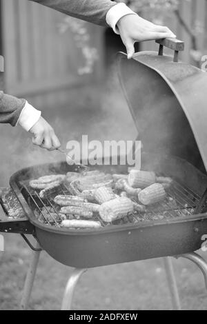 Grigliare salsicce in una teglia su un picnic Foto Stock