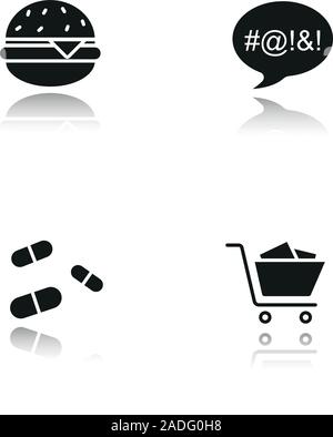 Manie ombra nera set di icone. Obesità, lingua sporca, pillole e oniomania shopping. Il fast food, farmaci carrello e il giuramento. Isolato Illustrazione Vettoriale
