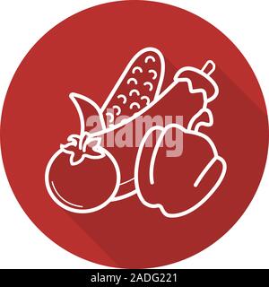 Verdure lineare piana lunga ombra icona. Negozio di alimentari dipartimento di verdure. Il mais, pomodoro, peperone, melanzana. Linea del vettore simbolo Illustrazione Vettoriale