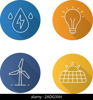 Eco energia lineare piana lunga ombra set di icone. Pannelli solari, mulino a vento, acqua energia, lampadina. Linea del vettore illustrazione Illustrazione Vettoriale