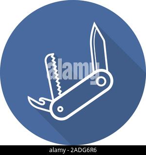 Temperino lineare piana lunga ombra icona. Tasca multifunzione coltello. Linea del vettore simbolo Illustrazione Vettoriale