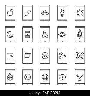 Le applicazioni dello smartphone lineare set di icone. Smart phone sport, business, medico, le applicazioni di posta elettronica. Linea sottile simboli di contorno. Isolato illustrazioni vettoriali Illustrazione Vettoriale
