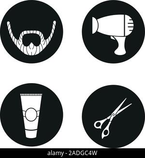 Barbiere set di icone. Barba, asciugacapelli, dopobarba tubo, forbici. Vettore silhouette bianca illustrazioni di cerchi neri Illustrazione Vettoriale