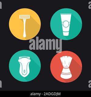 Accessori per la rasatura. Design piatto lungo ombra set di icone. Rasoio elettrico, dopobarba crema tubo, rasoio, Pennelli per barba. Vettore illustrazione silhouette Illustrazione Vettoriale