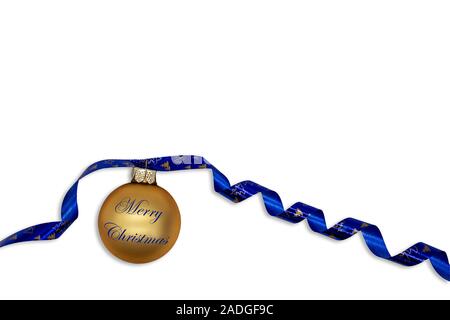 Dorata palla di Natale di arricciatura nastro blu e e la scritta Buon Natale. Dorata di alberi di Natale sul nastro. Foto Stock