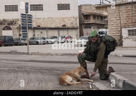 Hebron, West Bank. 4 dicembre, 2019. Un soldato IDF si inginocchia a pet un cane a Hebron. Difesa israeliano Ministro Bennett ha recentemente annunciato la sua approvazione della costituzione di un nuovo quartiere ebraico nella prevalentemente città palestinese di Hebron nei pressi del vecchio mercato di frutta e verdura. I terreni acquistati dagli ebrei che vi risiedono nei primi anni del XIX secolo, fu abbandonato dopo il 1929 massacro in cui 67 ebrei furono assassinati dai rivoltosi arabi. Credito: Nir Alon/Alamy Live News. Foto Stock