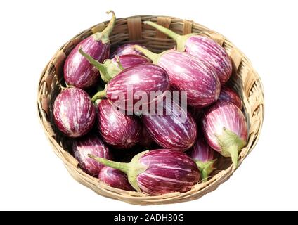 Fresca Brinjals indiano poste nel cestello di bambù su sfondo bianco Foto Stock