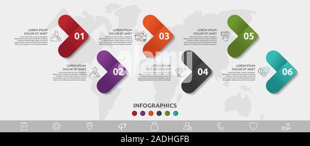 Vettore modello infografico. Sei frecce con le icone. Il concetto di business per i diagrammi, del diagramma di flusso, timeline, marketing, presentazione Illustrazione Vettoriale