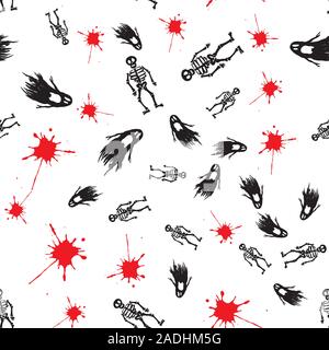 Macchie di sangue, scheletri e fantasmi-seamless pattern,disegnato a mano illustrazione vettoriale Illustrazione Vettoriale