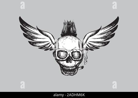Cranio in biker bicchieri con ali,disegnato a mano,logo tatuaggio o icona,illustrazione vettoriale Illustrazione Vettoriale