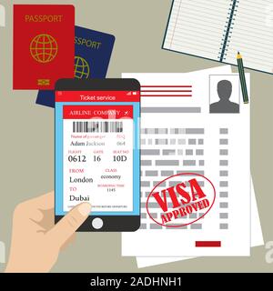 Visa approvato bianco o di permesso di lavoro, passaporto e smartphone con carta d'imbarco biglietto. Design piatto, illustrazione vettoriale. Illustrazione Vettoriale