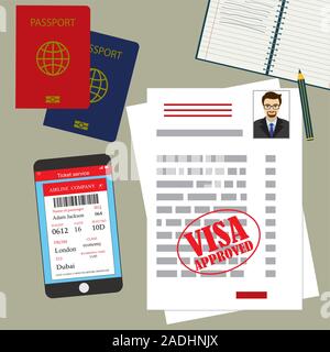 Visa approvato bianco o di permesso di lavoro, passaporto e smartphone con carta d'imbarco biglietto. Design piatto, illustrazione vettoriale. Illustrazione Vettoriale