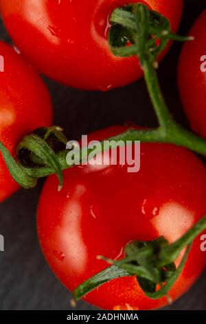 Foto macro di parecchi pomodori ciliegia sul ramo verde Foto Stock