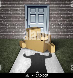 Il furto del pacchetto e portico pirate ladro rubare i pacchetti da un home consegnato ad una portiera anteriore come un ladro derubandoli di scatole da una porta. Foto Stock