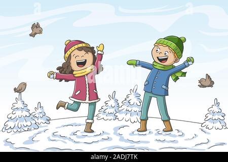 Due bambini che giocano nella neve. Disegnata a mano illustrazione vettoriale con strati separati. Illustrazione Vettoriale