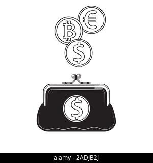 Bianco e nero icona portafoglio con delle monete in euro e dollaro Euro bitcoin icone. Immagine vettoriale. Elemento di design. Illustrazione Vettoriale