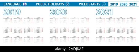 Semplice calendario modello in ebraico per 2019, 2020, 2021 anni. Inizia settimana da Lunedì. Illustrazione Vettoriale. Illustrazione Vettoriale