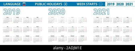 Semplice calendario modello in sloveno per 2019, 2020, 2021 anni. Inizia settimana da Lunedì. Illustrazione Vettoriale. Illustrazione Vettoriale